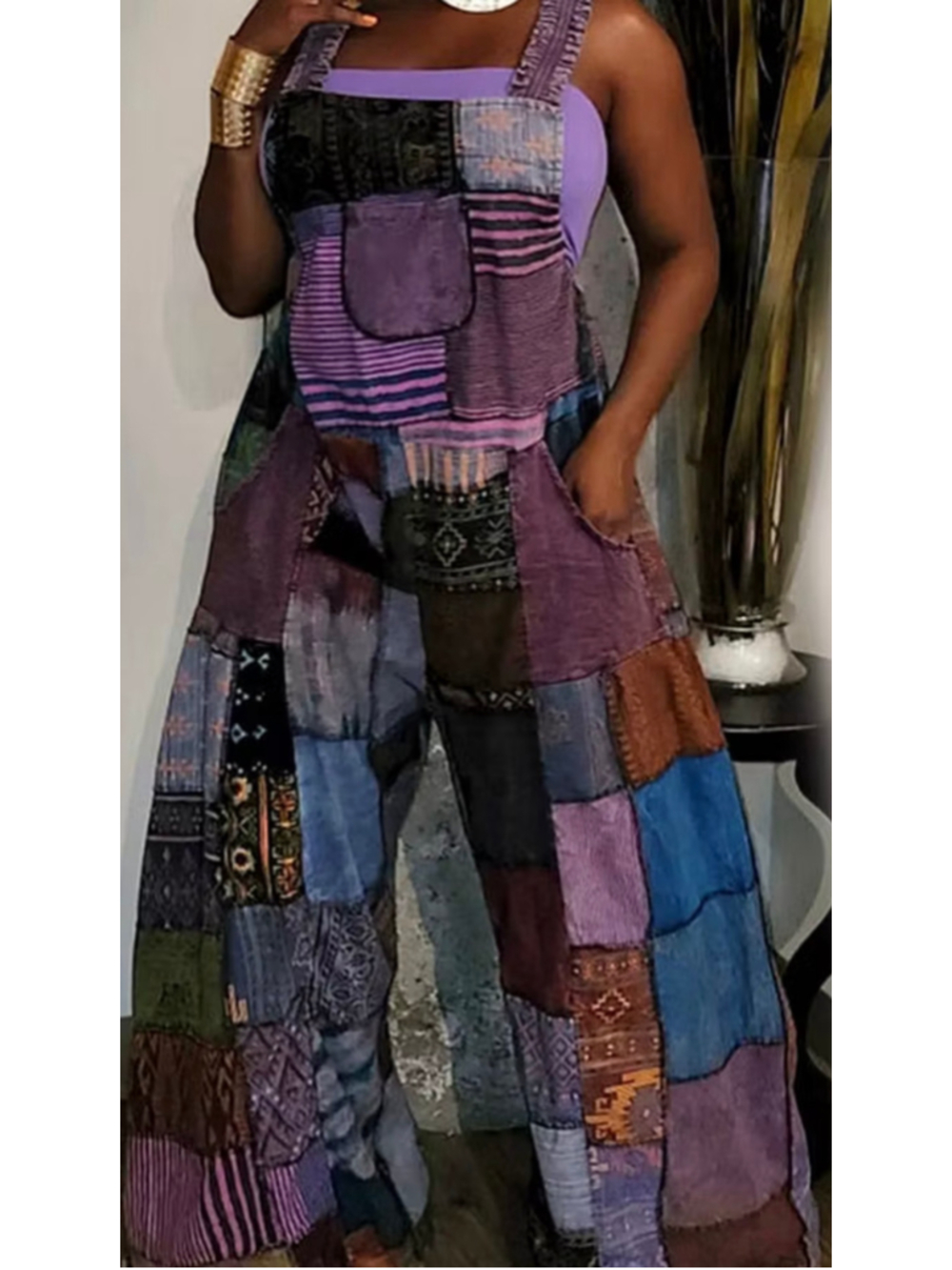 Patchwork jumpsuit overalls wide legs pockets hippie boho whimsigoth festival 4X